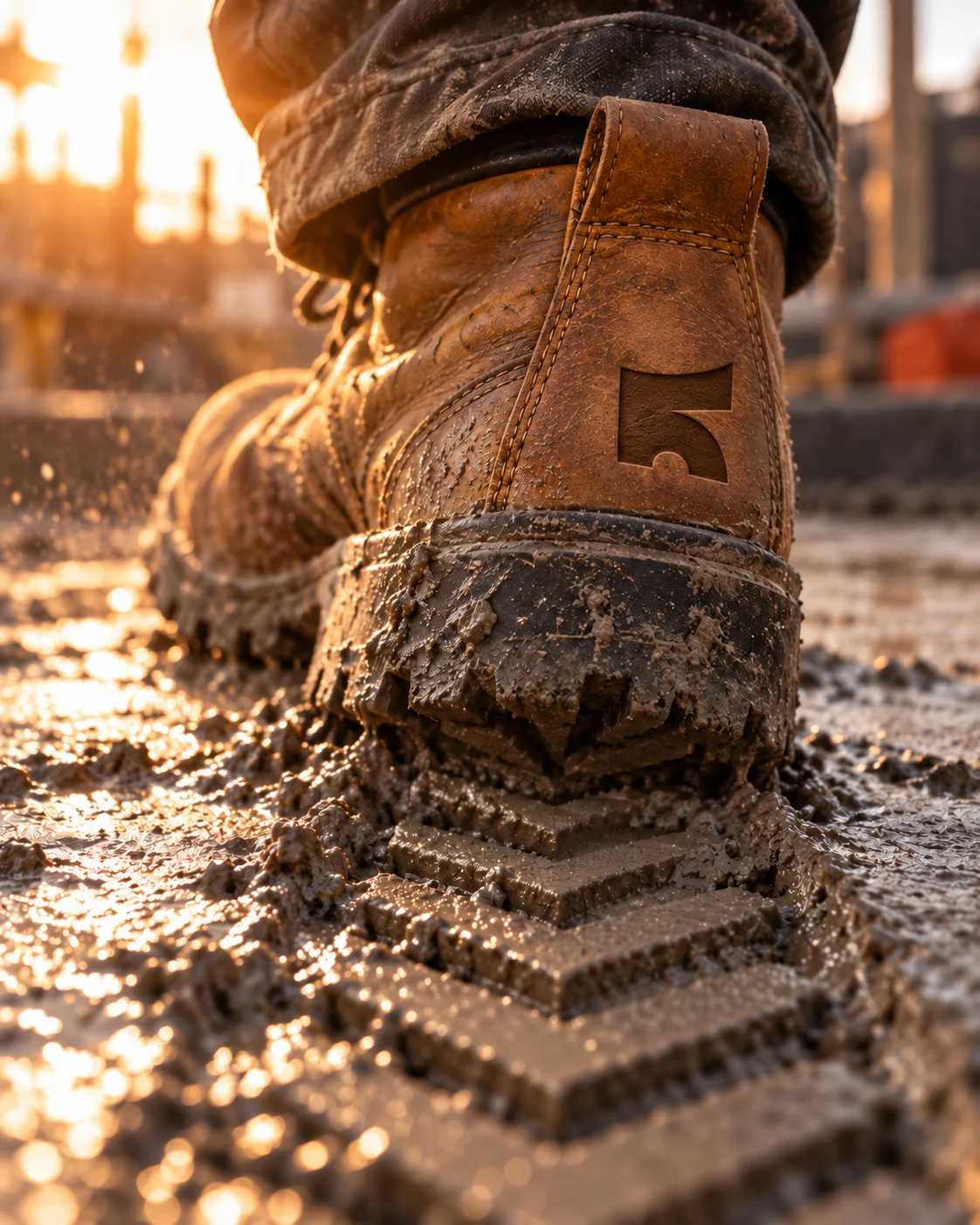 Kova work boot heel with the K mark debossed in the leather, stepping through wet concrete