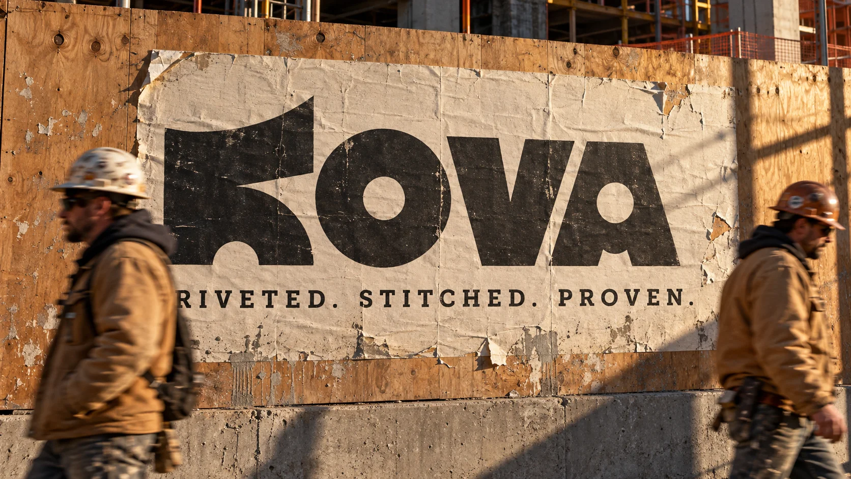 Weathered Kova wheatpaste poster with the tagline Riveted. Stitched. Proven. on plywood construction hoarding, workers walking past