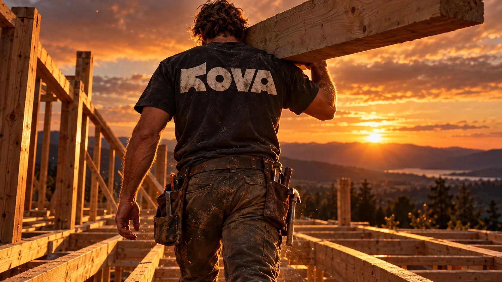 Framer carrying a beam at sunset, wearing a Kova tee with the wordmark across the back