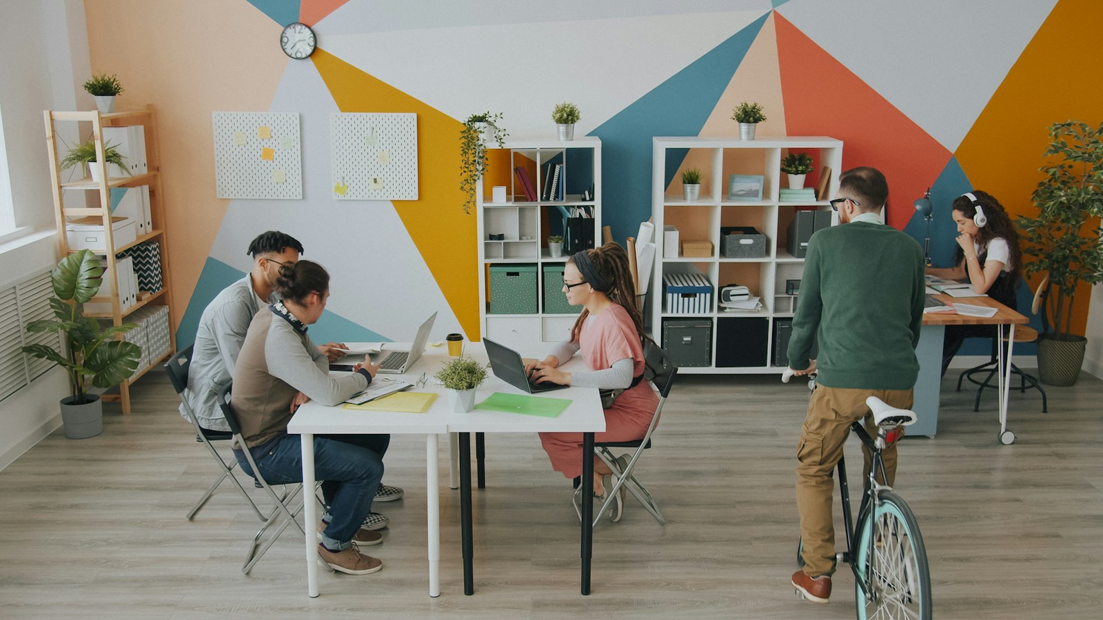 Busy, colourful open-plan office