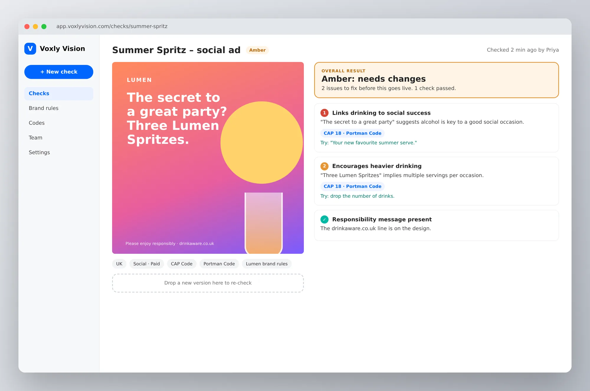 Voxly Vision web app showing a drinks ad next to its Amber compliance report