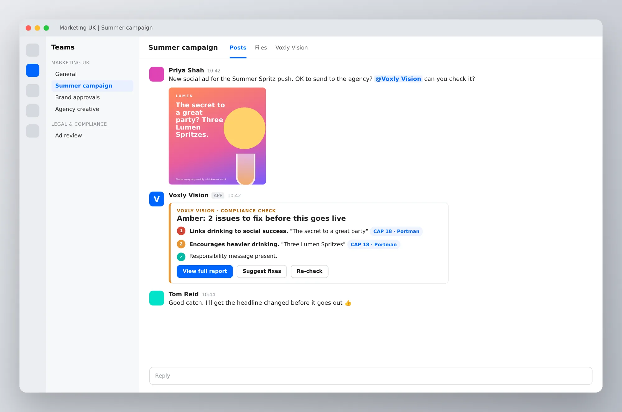Voxly Vision replying in a Microsoft Teams channel with an Amber compliance verdict on a drinks ad