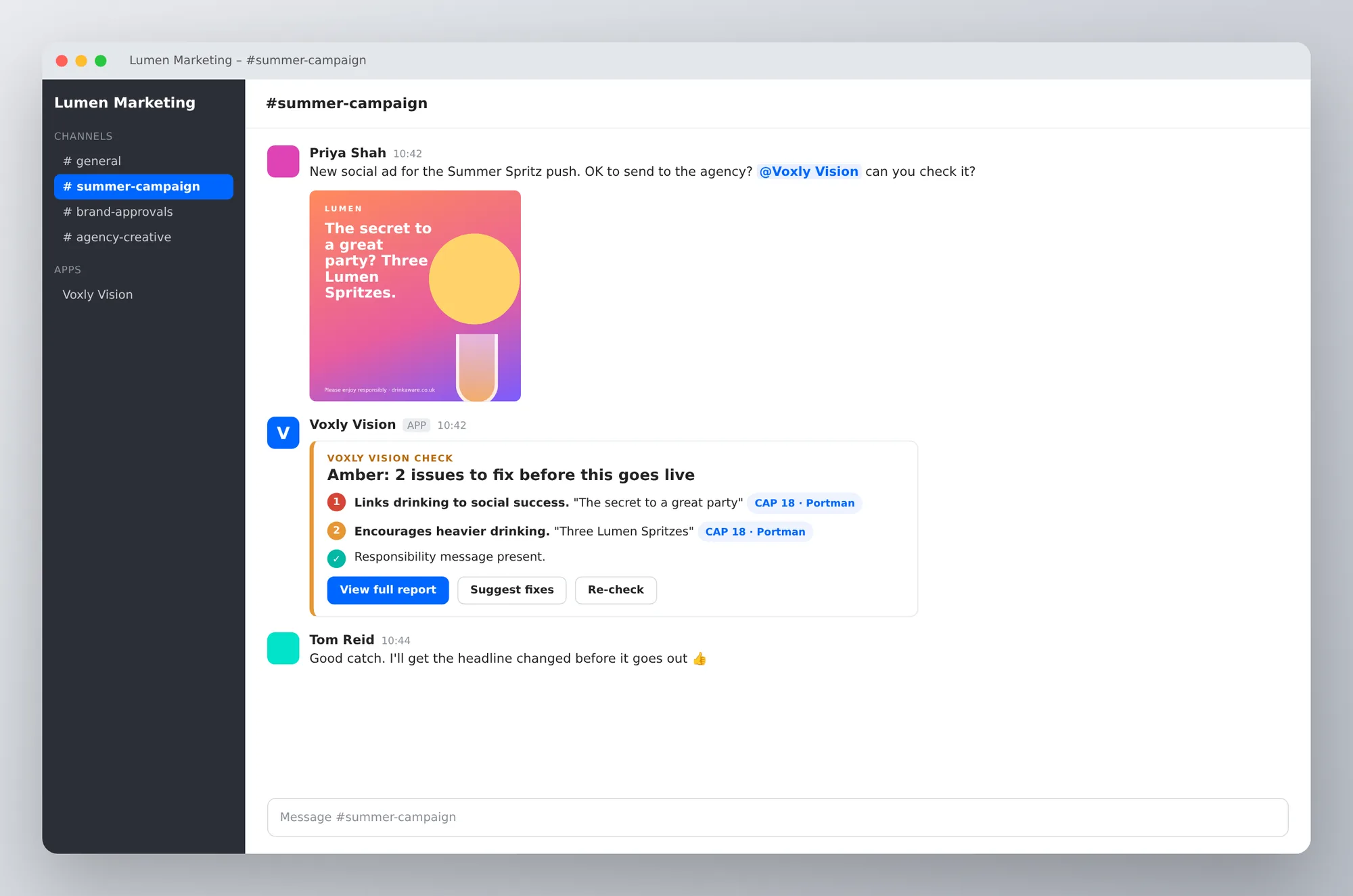 Voxly Vision replying in a Slack channel with an Amber compliance verdict on a drinks ad
