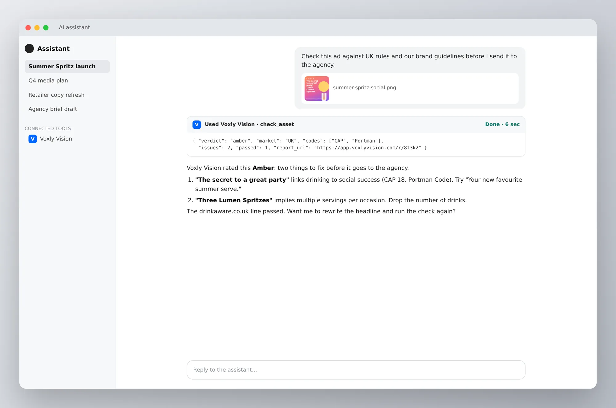 An AI assistant using the Voxly Vision tool to check a drinks ad and explaining two issues
