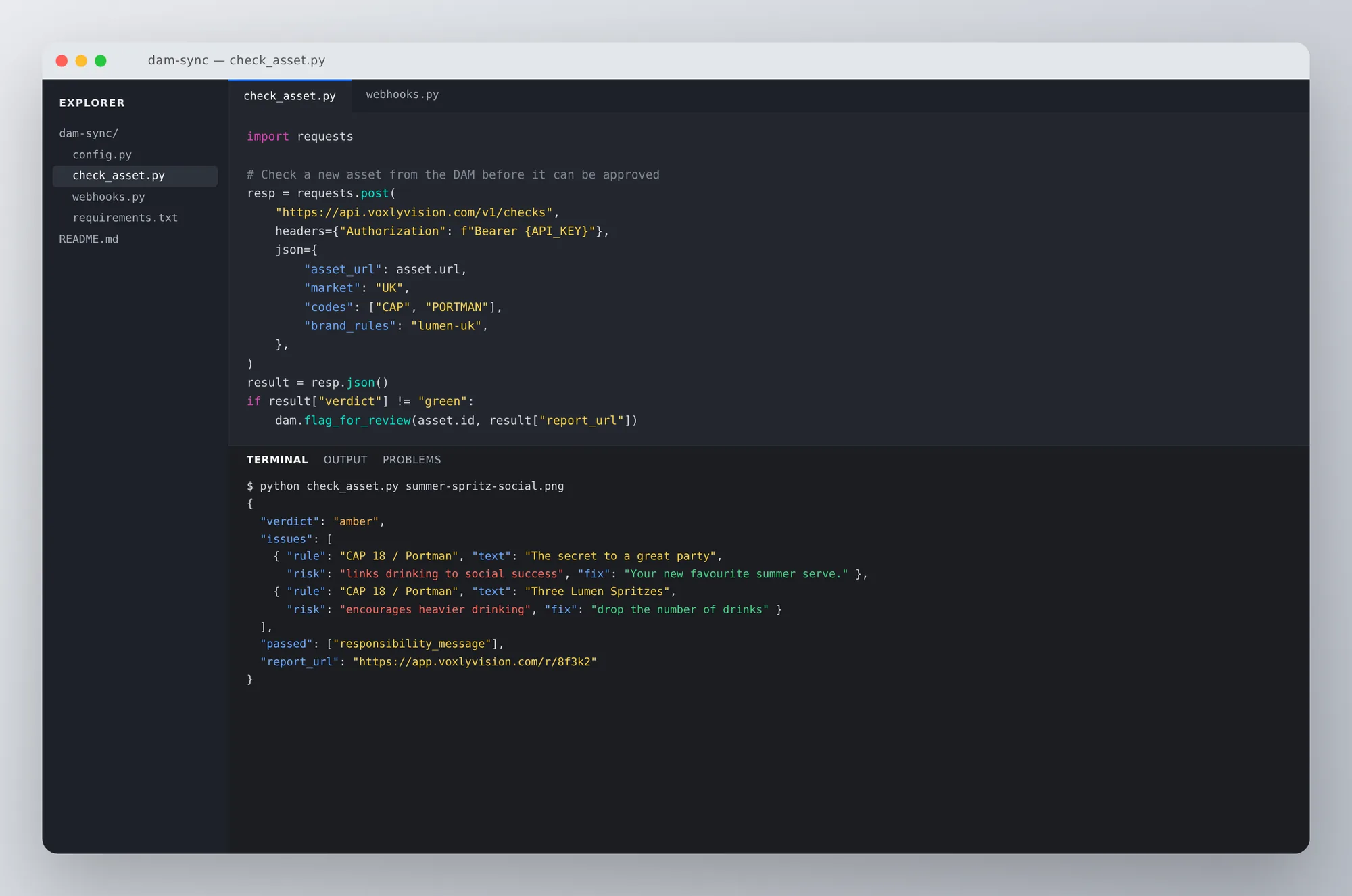 Code editor calling the Voxly Vision API and showing a JSON compliance result