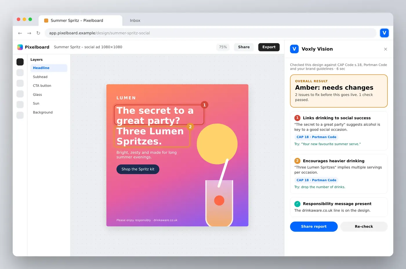Voxly Vision Chrome extension side panel flagging two issues on a drinks ad in an online image editor