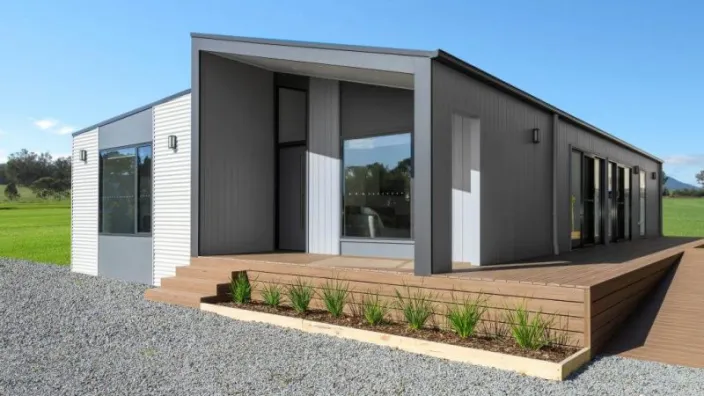 Prefab house model T27 with wooden deck