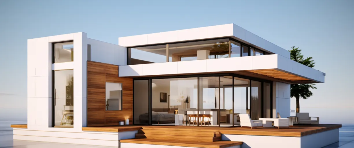 Modern two-storey prefab house with large glass facade and wooden deck