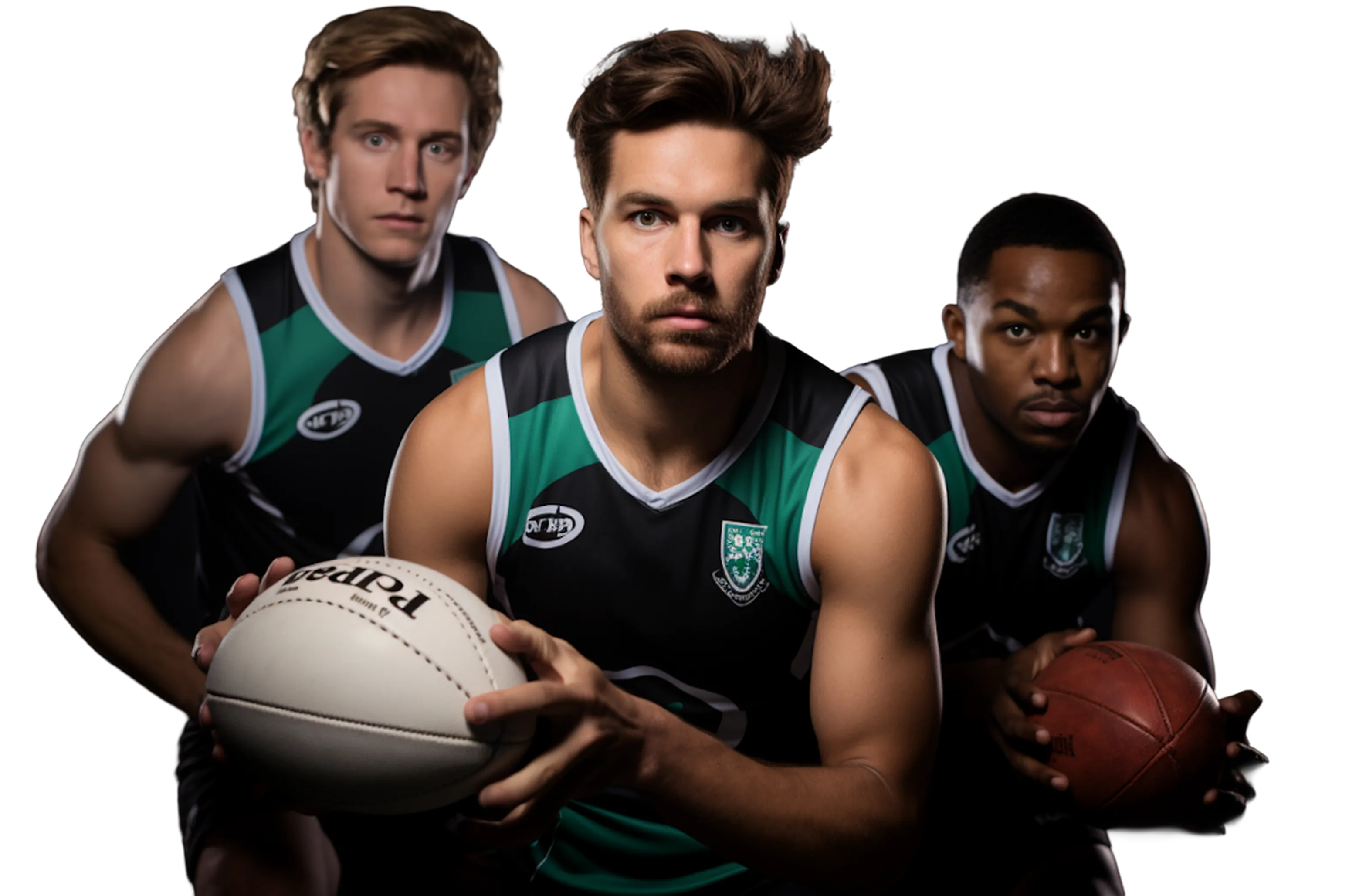 Three male athletes in green and black sleeveless jerseys holding rugby and basketballs, posed in intense, action-ready stances against a black background.