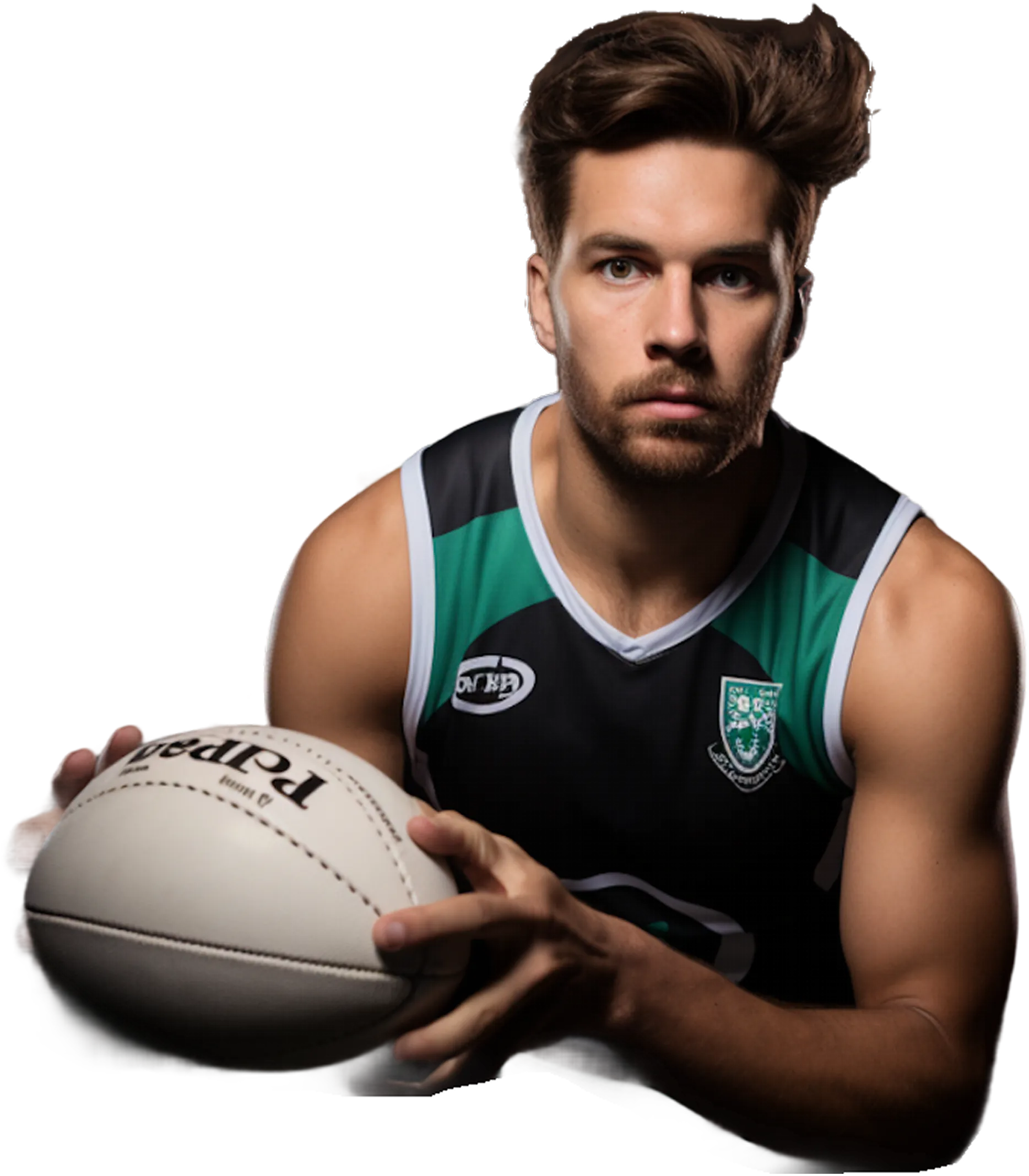 Athletic man with short brown hair and beard holding a white rugby ball, wearing a black and green sports jersey, looking focused ahead.