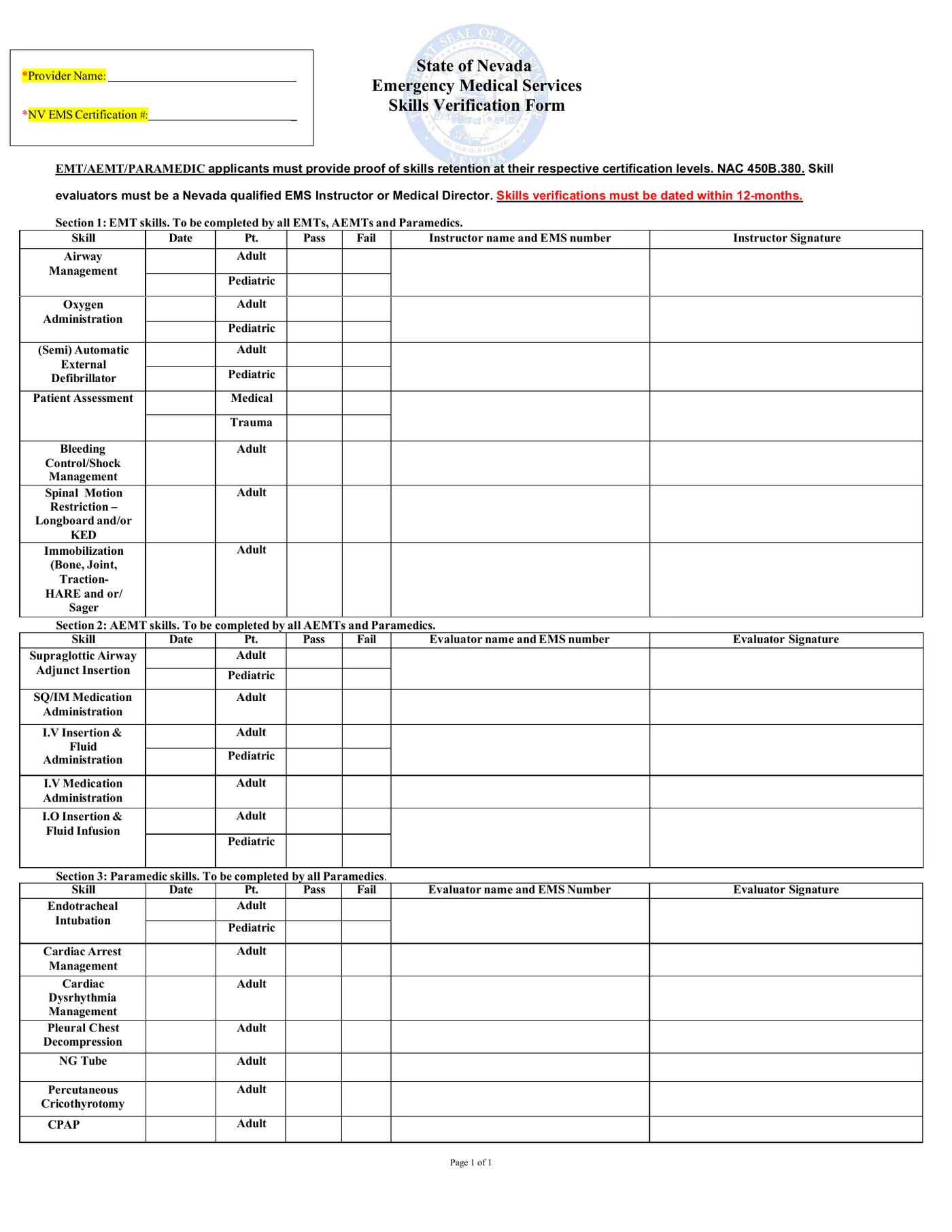 State of Nevada EMS Skills Verification Form showing EMT, AEMT, and Paramedic skill sections with pass, fail, and instructor signature columns