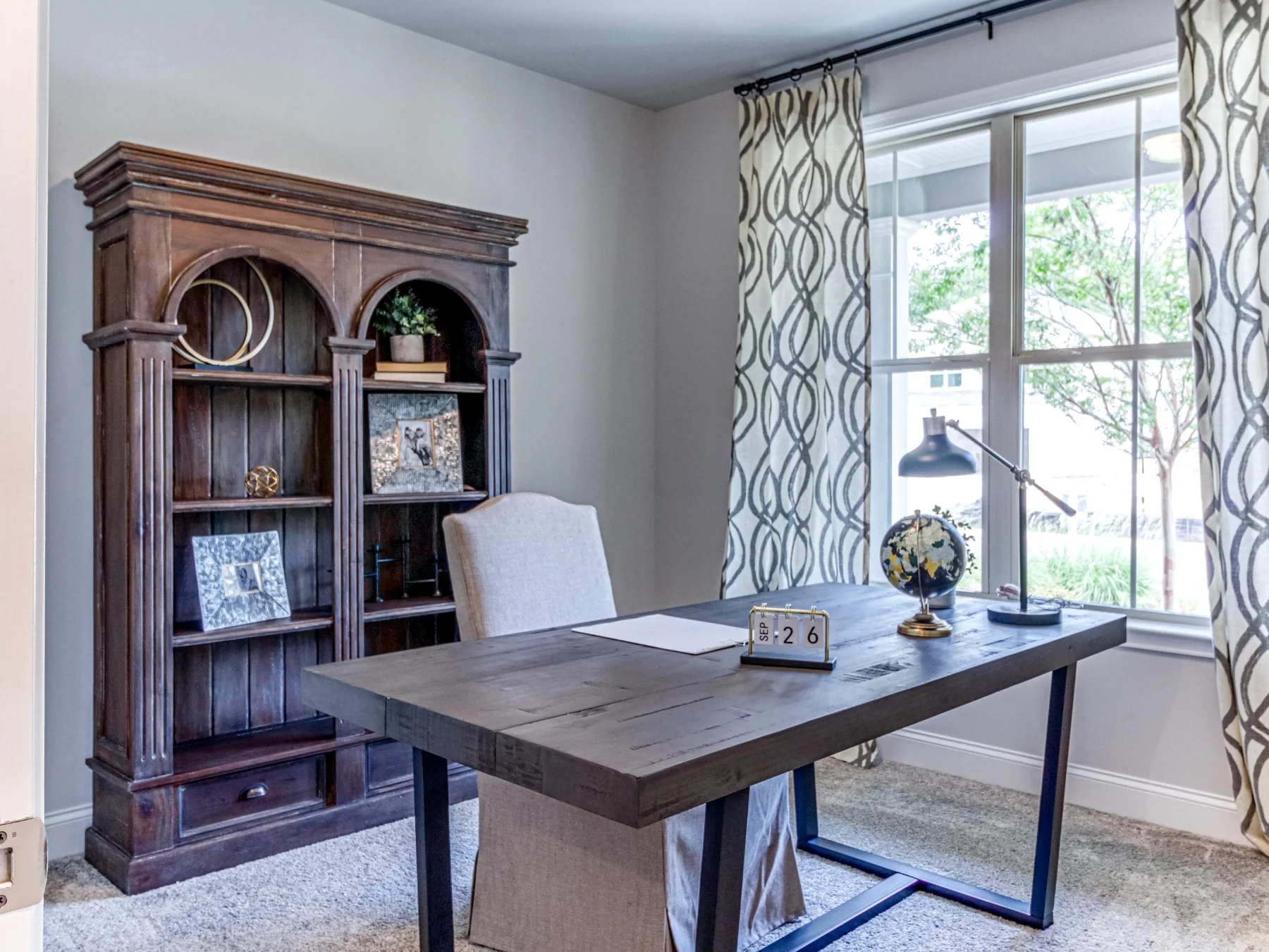 Home office with built-in shelving