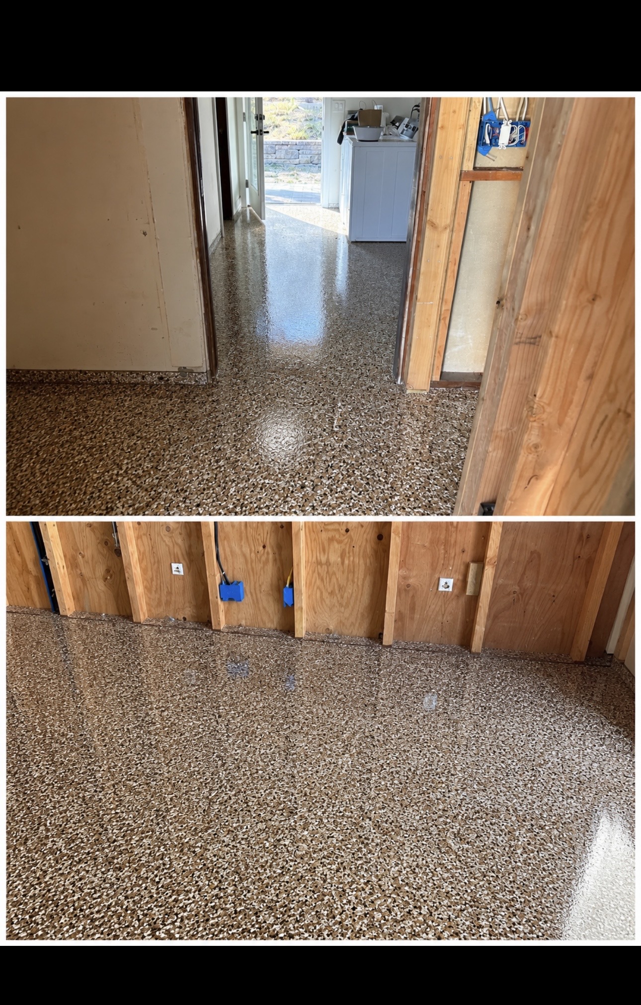 Decorative flake concrete floor coating installed by Coastline Painting and Concrete Coatings