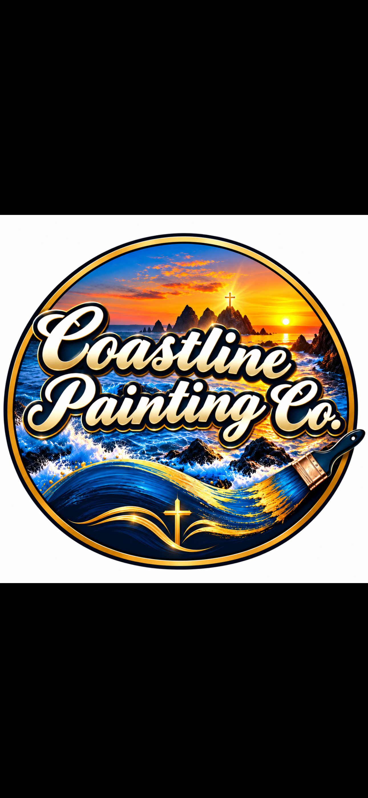 Coastline Painting Co. coastal sunset logo with Christian crosses