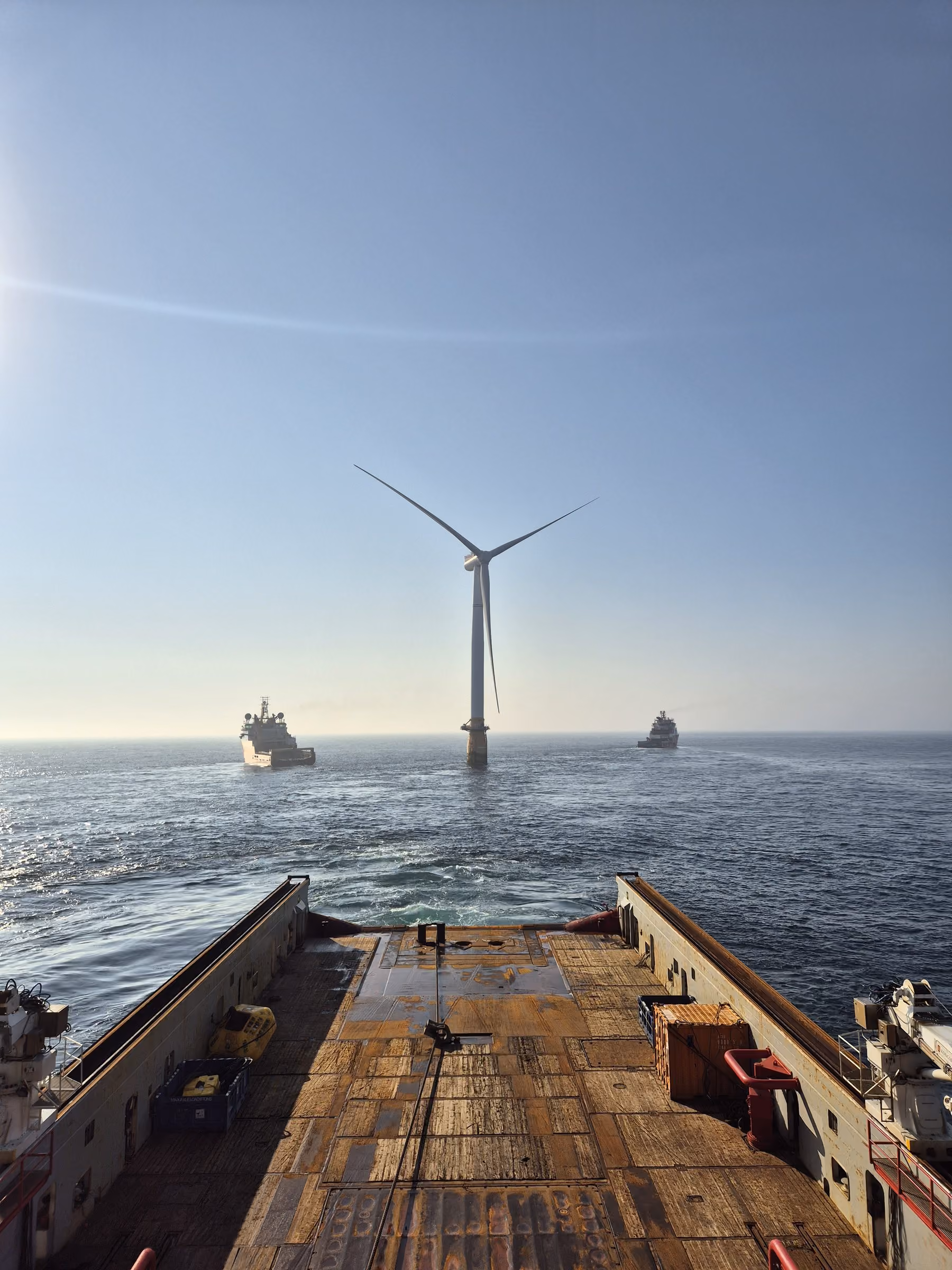 Offshore wind turbine seen from the working deck of a Ross Offshore vessel