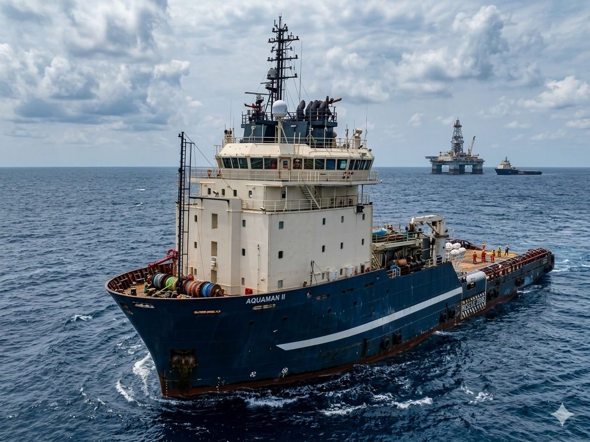 Anchor handling vessel Aquaman II at sea with a rig on the horizon