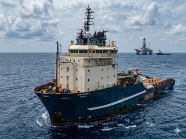Blue and white supply ship moving through calm ocean waters under a cloudy sky, with an offshore oil platform and another vessel visible in the distance.