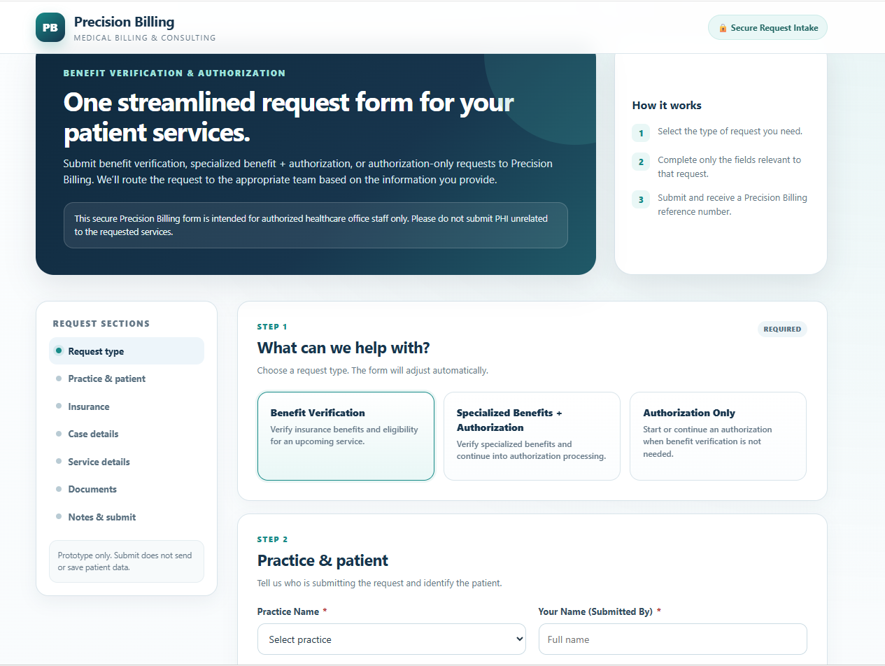 Benefit verification and authorization request form, shown blank. Step 1 offers three request types: benefit verification, specialized benefits with authorization, and authorization only. The sections that follow are practice and patient, insurance, case details, service details, documents, and notes.
