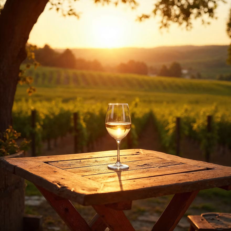 A glass of wine on a table overlooking wine country