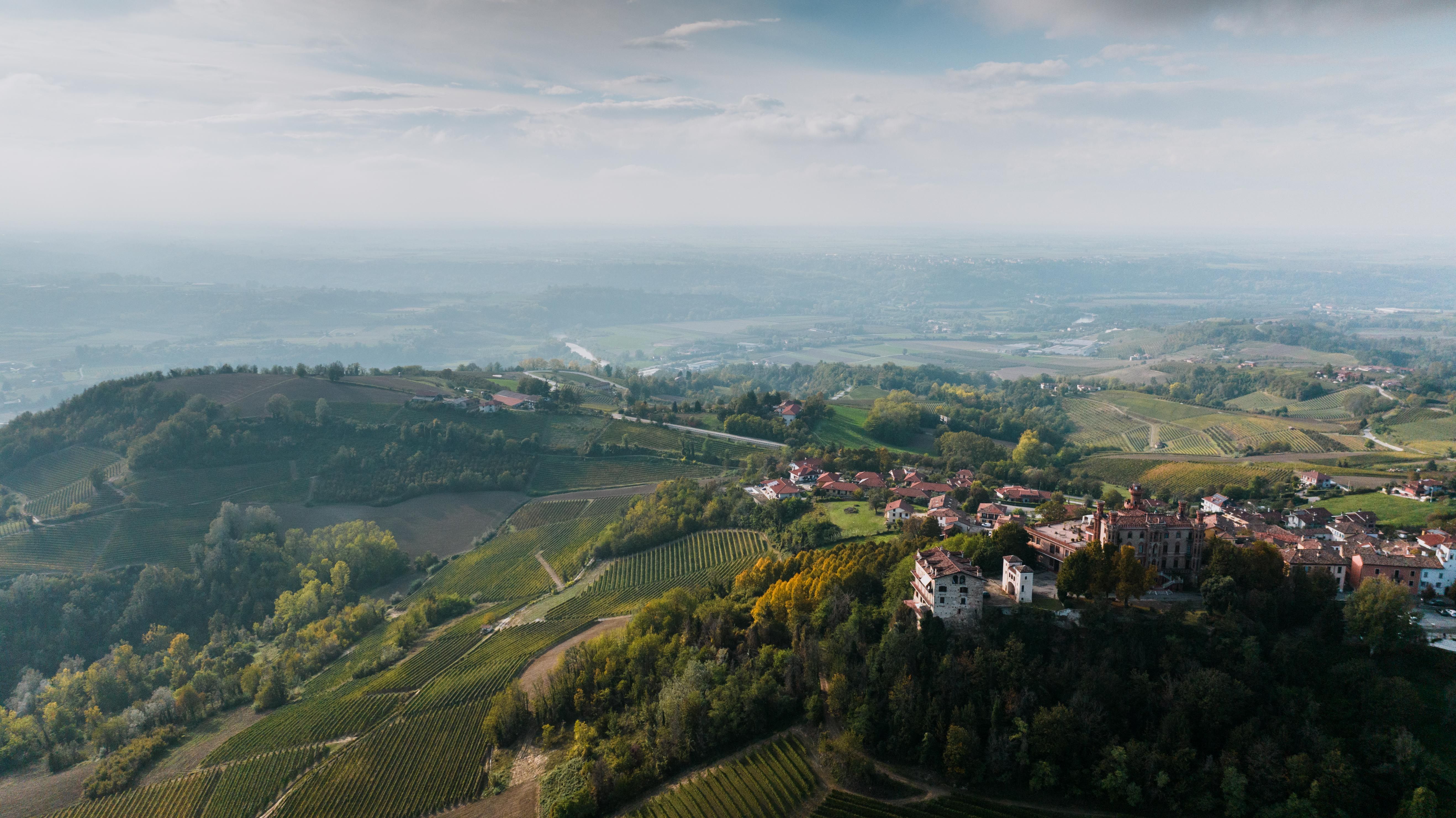 Vineyards and hilltop village in the Langhe, Piedmont