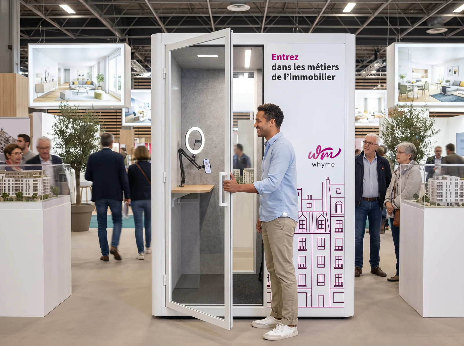 Un visiteur entre dans une JobBox sur un salon de l'immobilier
