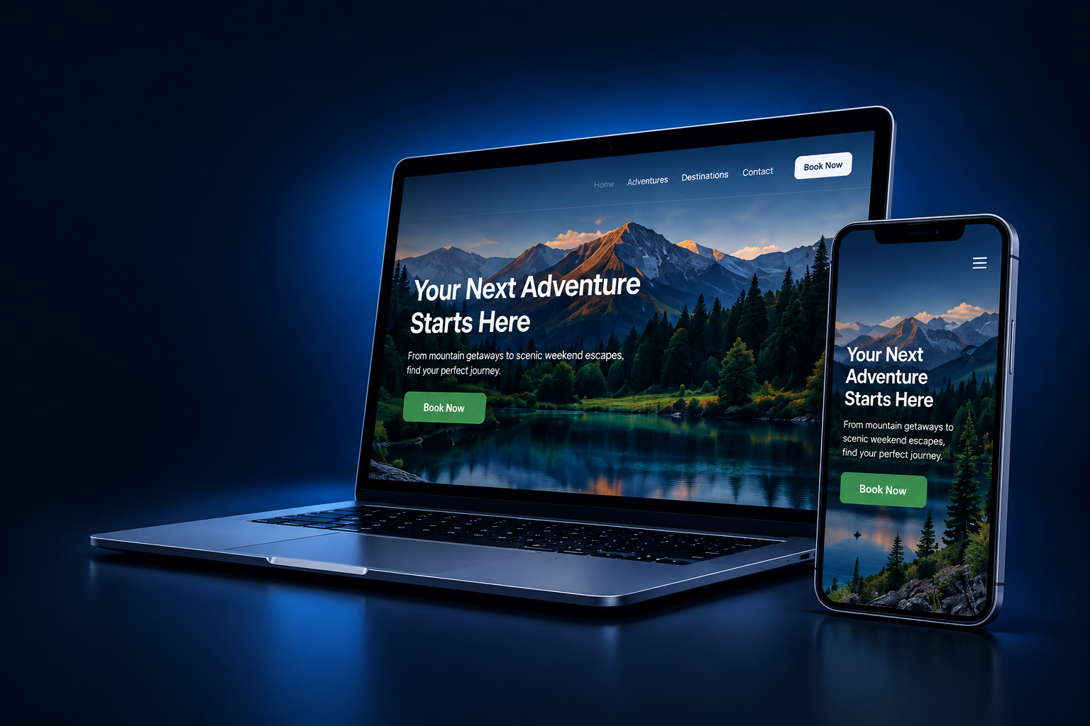 Laptop and phone showing a responsive mountain adventure website