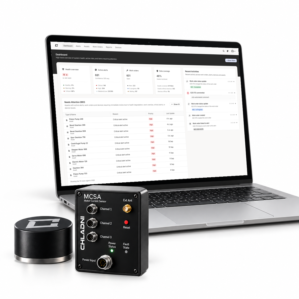 Chladni system: platform on a laptop, vibration sensor and MCSA motor-current module