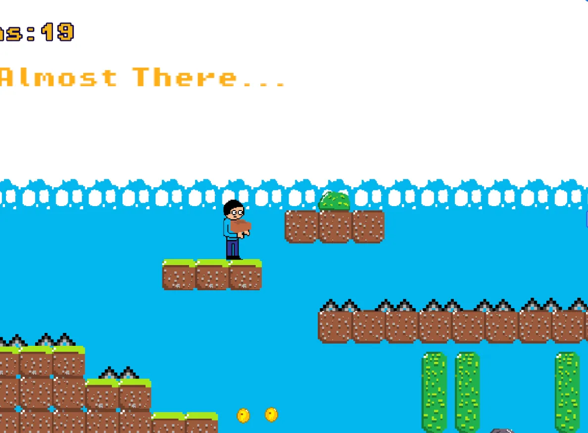Pixel-art platformer: a character on floating earth platforms above bright blue water, with fruit and coins to collect.