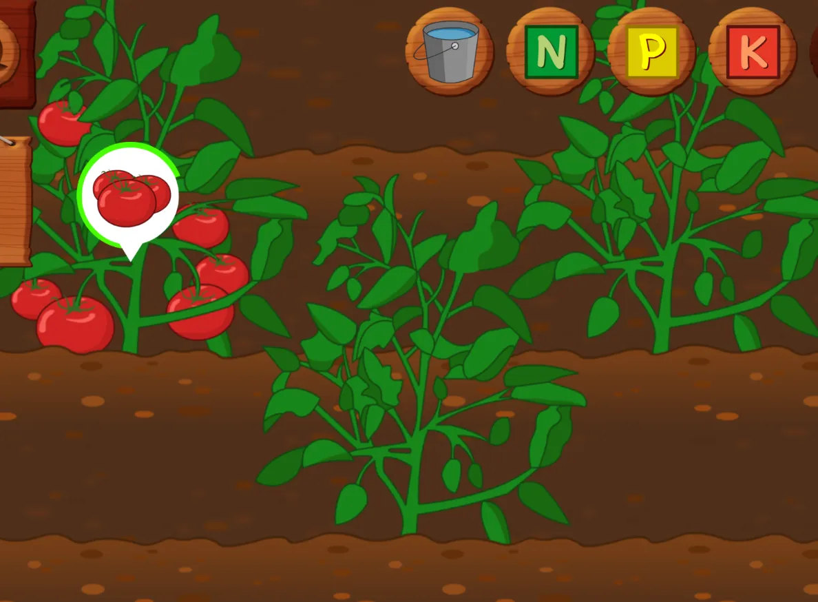 Cartoon crop-growing screen: three tomato plants in a bed of soil, with watering and N, P, K nutrient controls along the top.