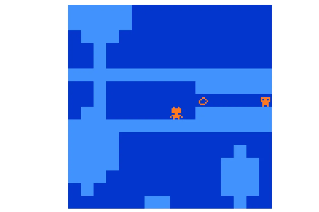 Sparse blue pixel maze with two small orange figures in the corridors.
