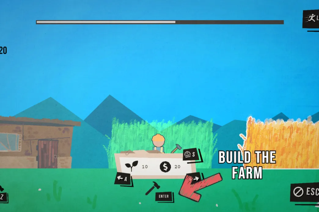 Hand-drawn farm scene with crop fields, mountains and a barn, and an on-screen prompt reading: Build the farm.