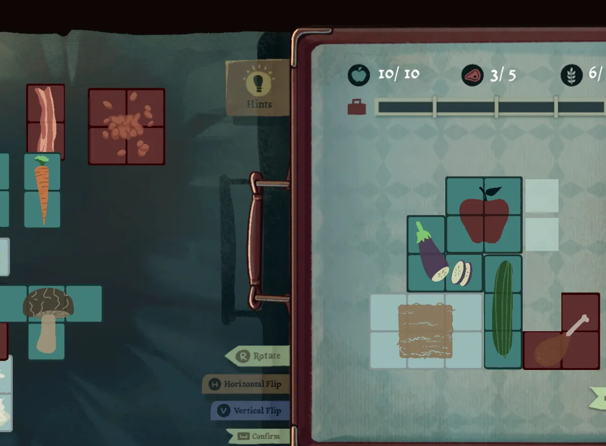 Puzzle screen styled as an open case, with food tiles being arranged into a grid and ration counters along the top.