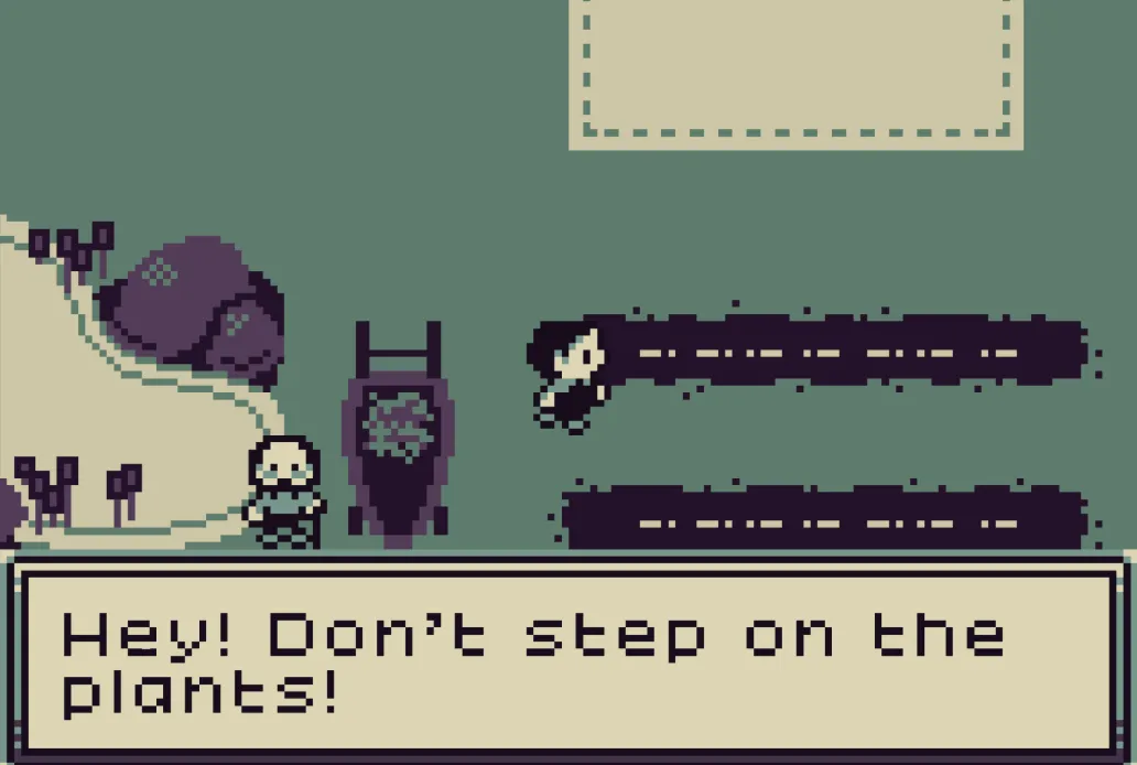 Retro green-tinted pixel scene with a small character beside plants, and dialogue reading: Hey! Don't step on the plants!
