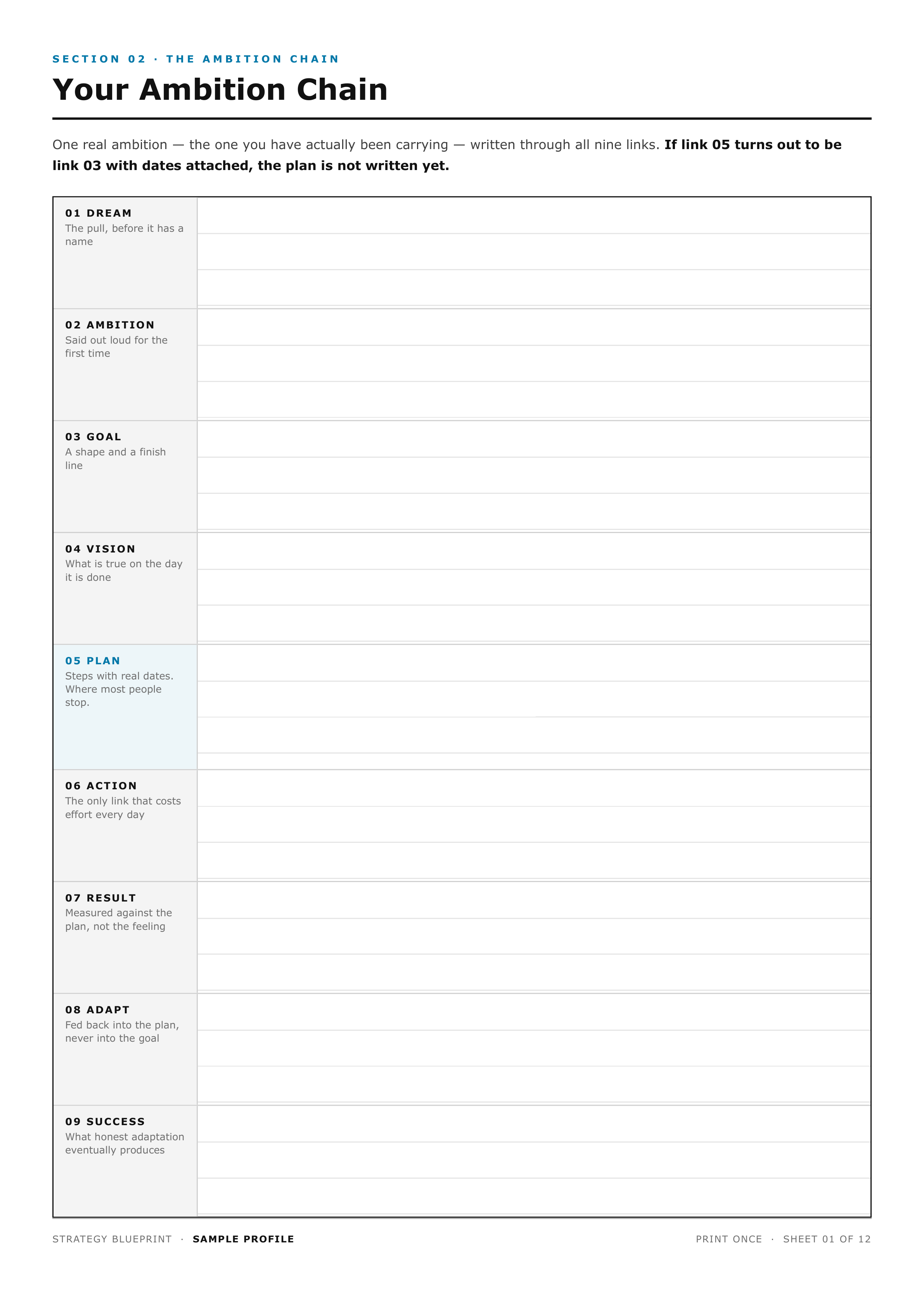 Printable Ambition Chain sheet