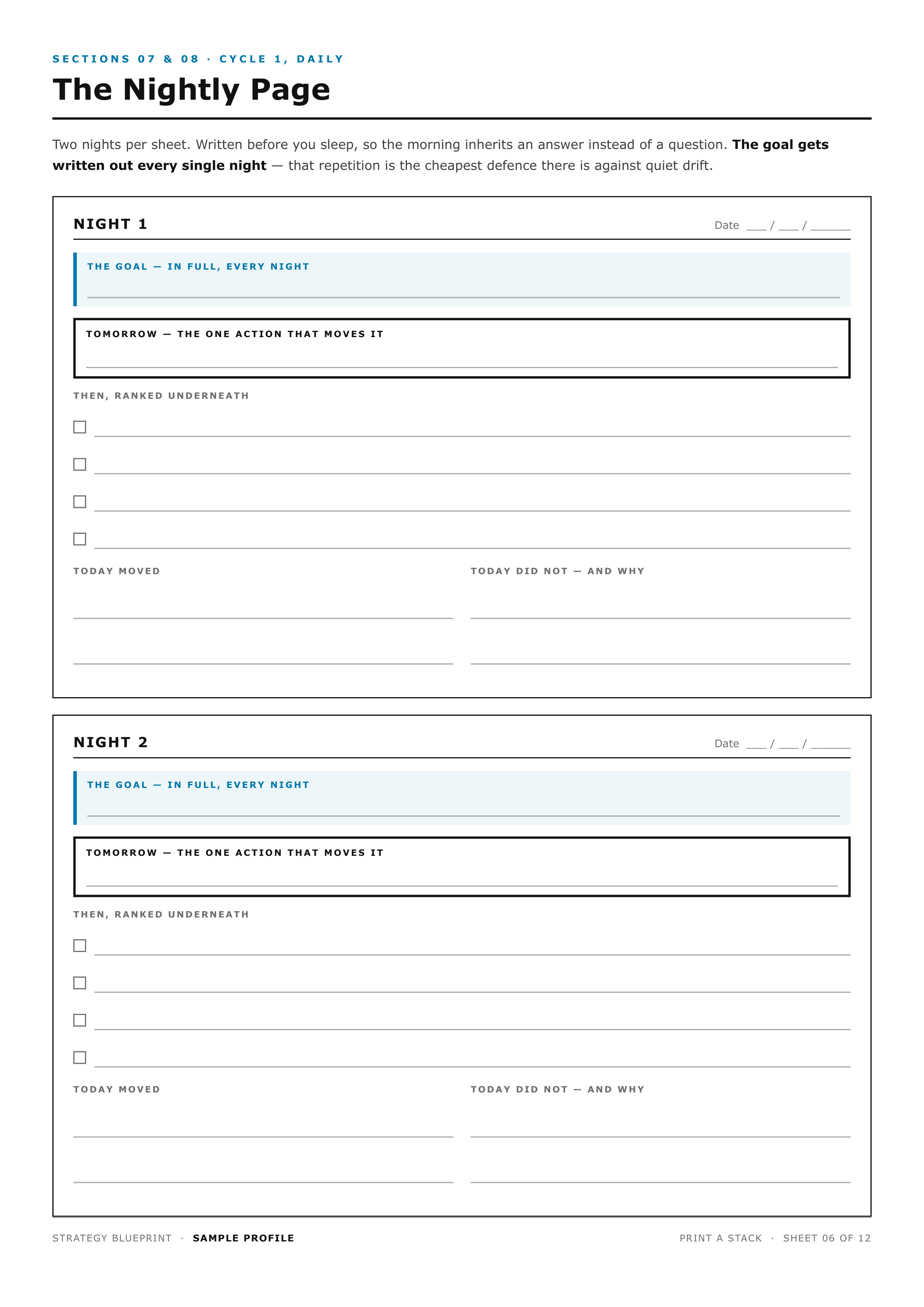 Printable Nightly Page sheet