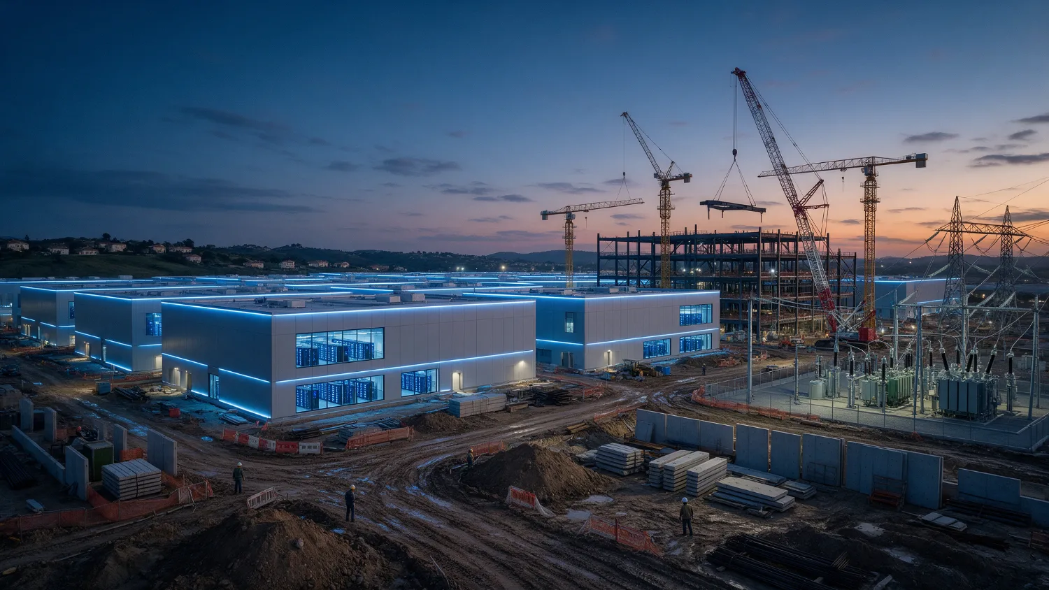 AI data center campus under construction at dusk with cranes and lit data halls
