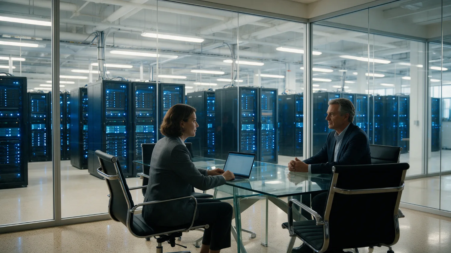 Two executives meeting in a glass room overlooking a blue-lit data center hall