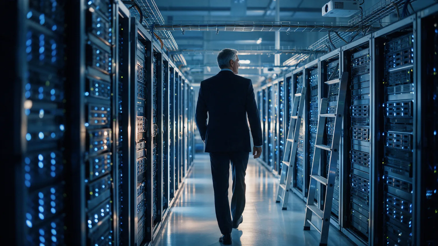 Senior executive walking down a bright data center aisle between server racks