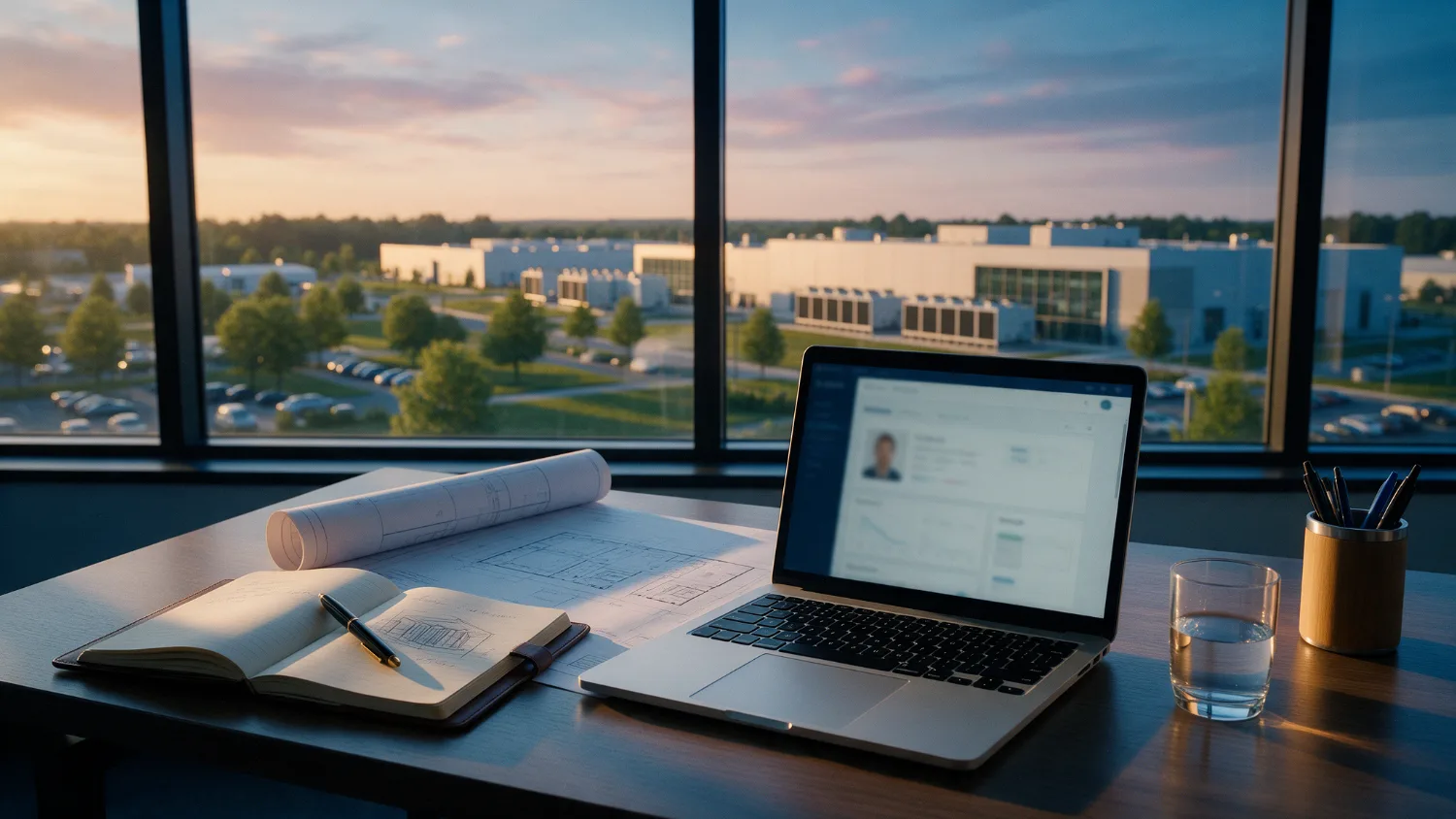 Recruiter desk with a laptop and a data center floor plan near a window overlooking a campus