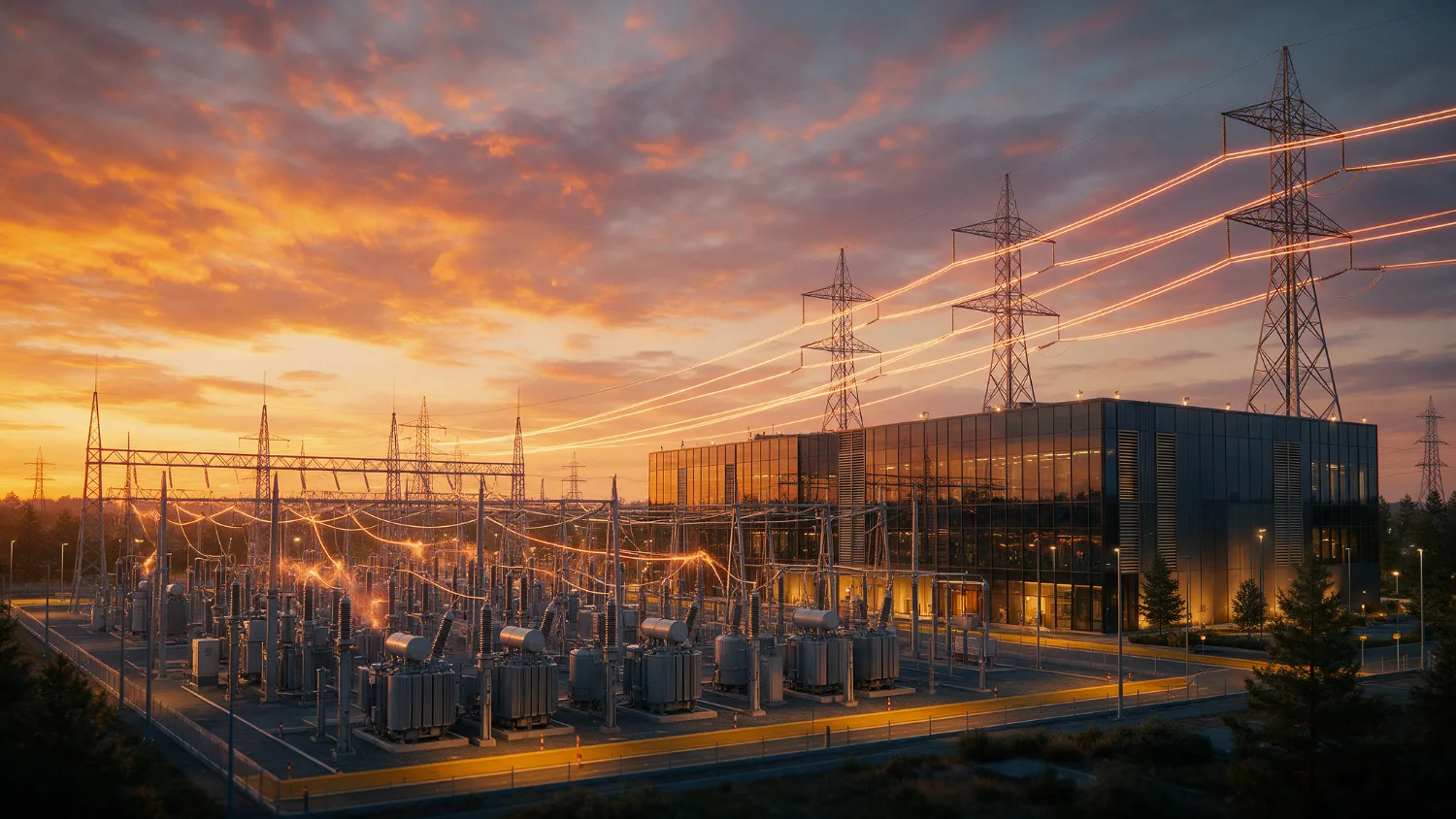High-voltage substation and transmission towers next to a data center at sunset