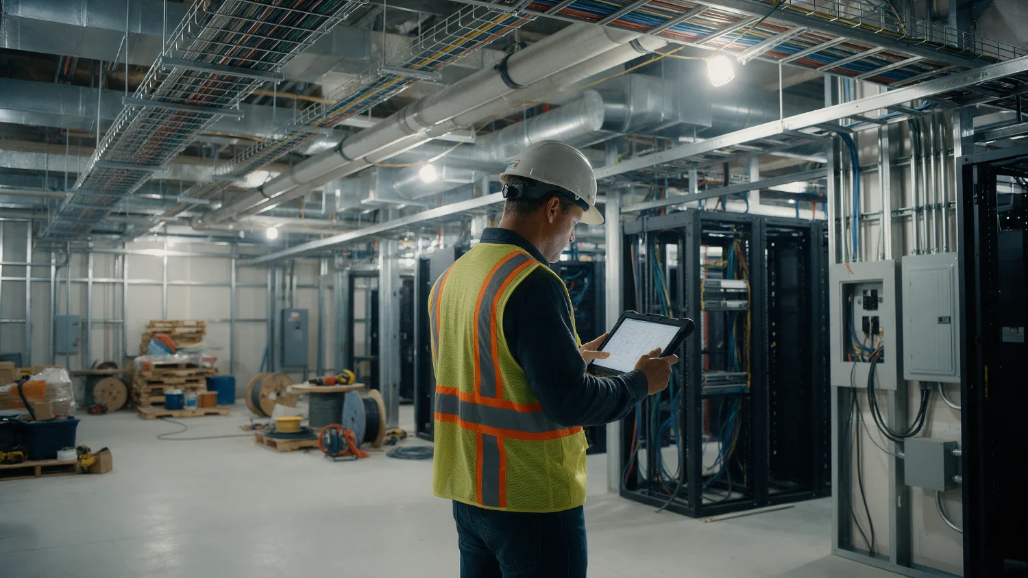Construction manager in a hard hat reviewing plans inside a data center under construction