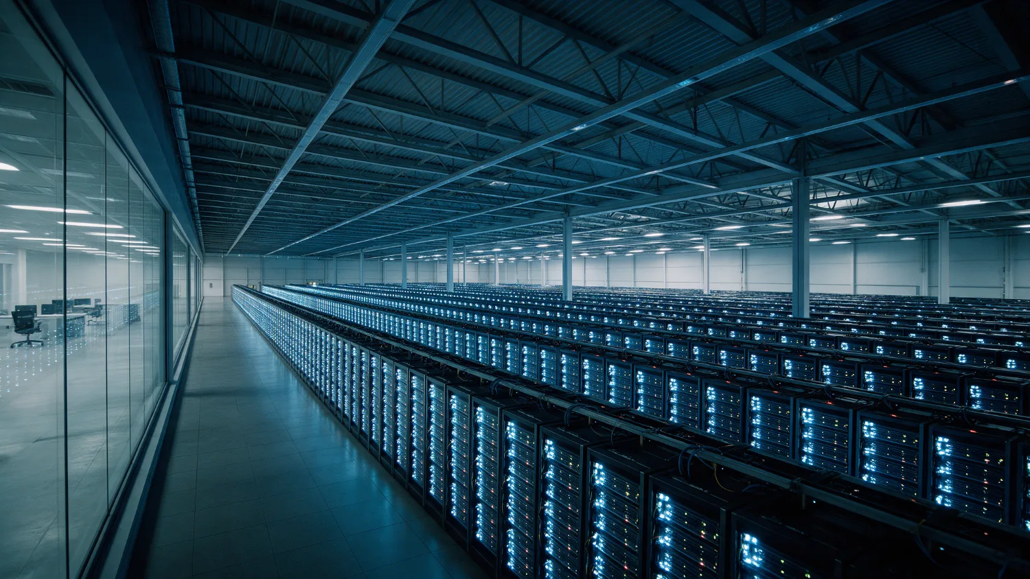 Long rows of glowing servers in a hyperscale AI data center hall beside a glass wall