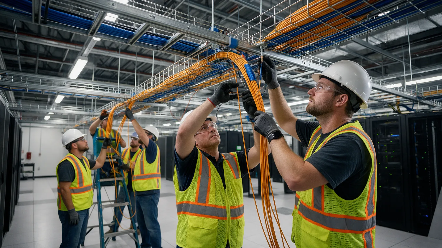 Engineers in safety vests and hard hats installing fiber cabling in overhead trays inside a data center