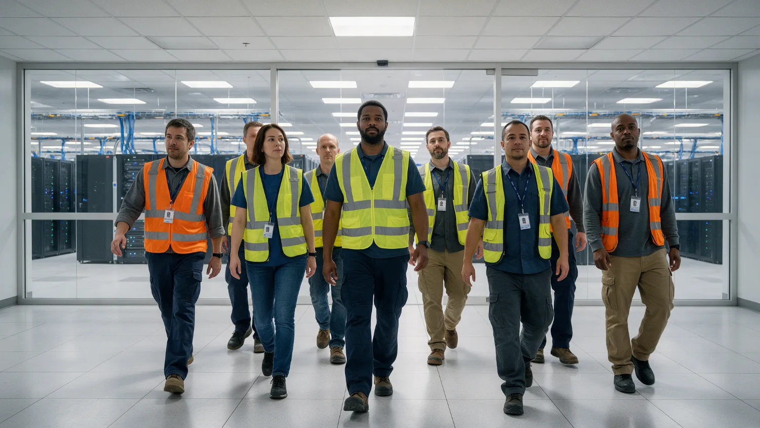 Data center technicians in safety vests walking through a bright facility corridor