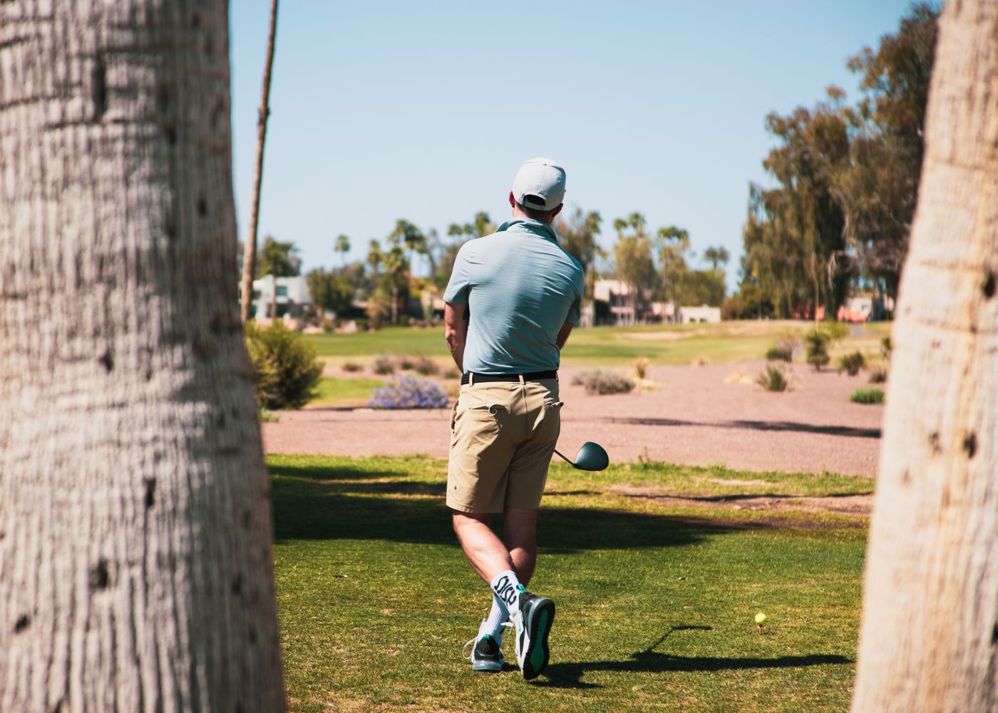 Golfer walking down a fairway between two palm trunks