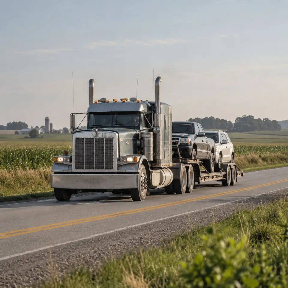 A semi truck hauling cars on a country road