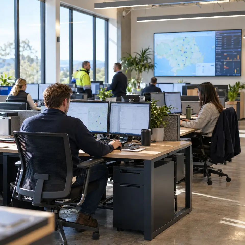 Logistics team at work in an open plan office
