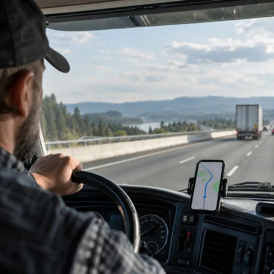 A driver following a route on a dashboard phone