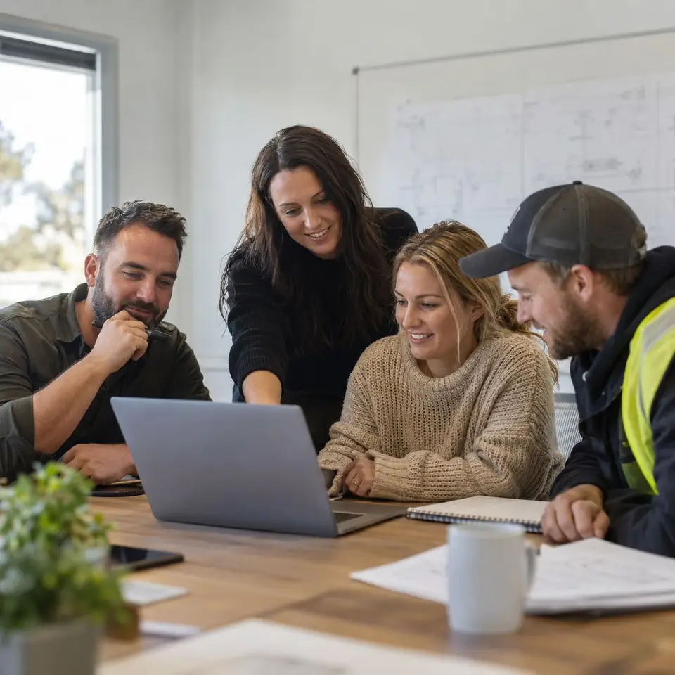 Team meeting around a laptop