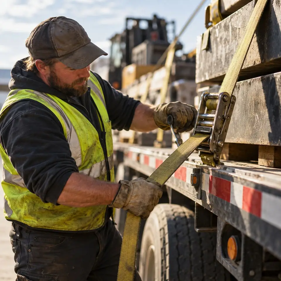 Driver strapping down a load